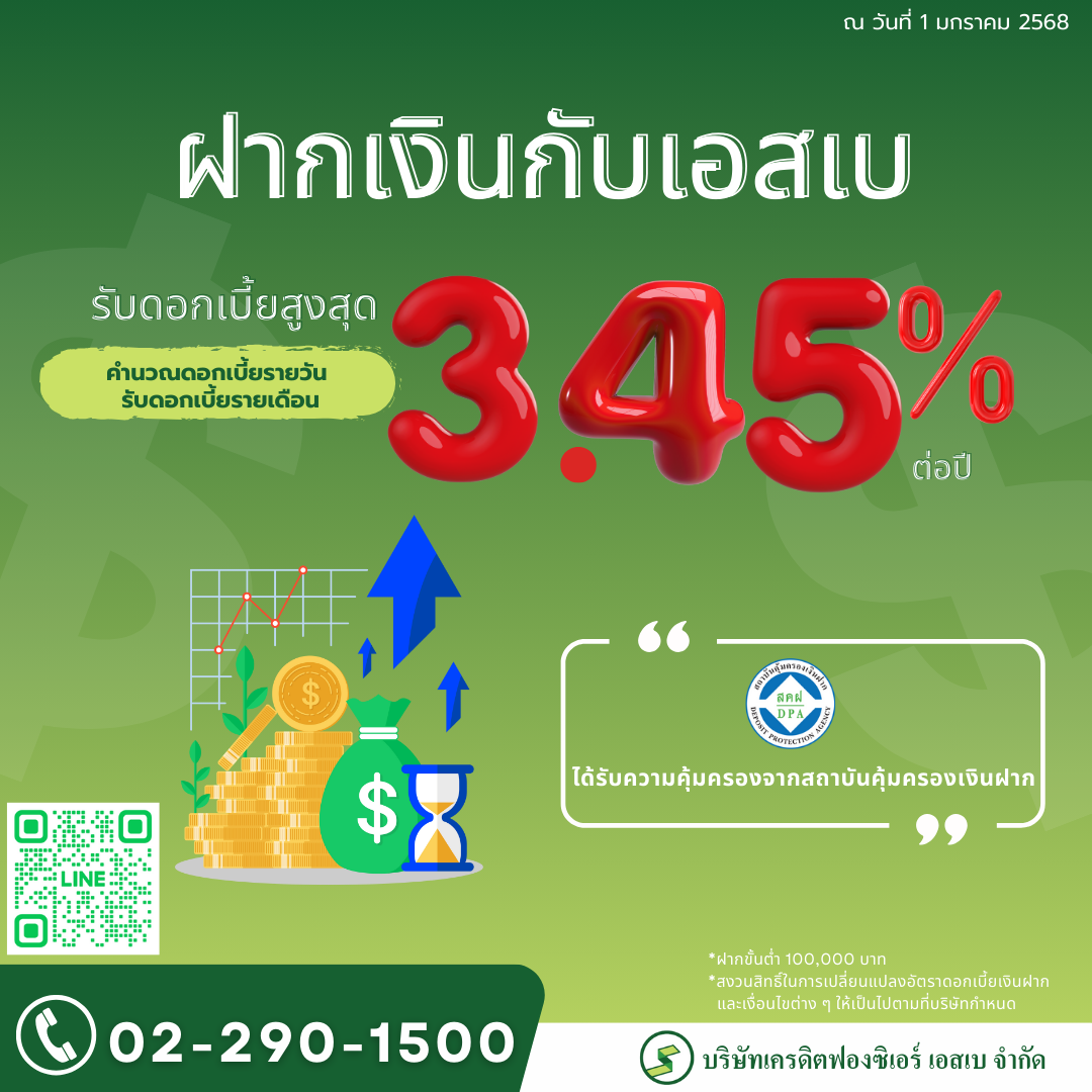 อัตราดอกเบี้ยเงินฝากสูงสุด 3.45 %